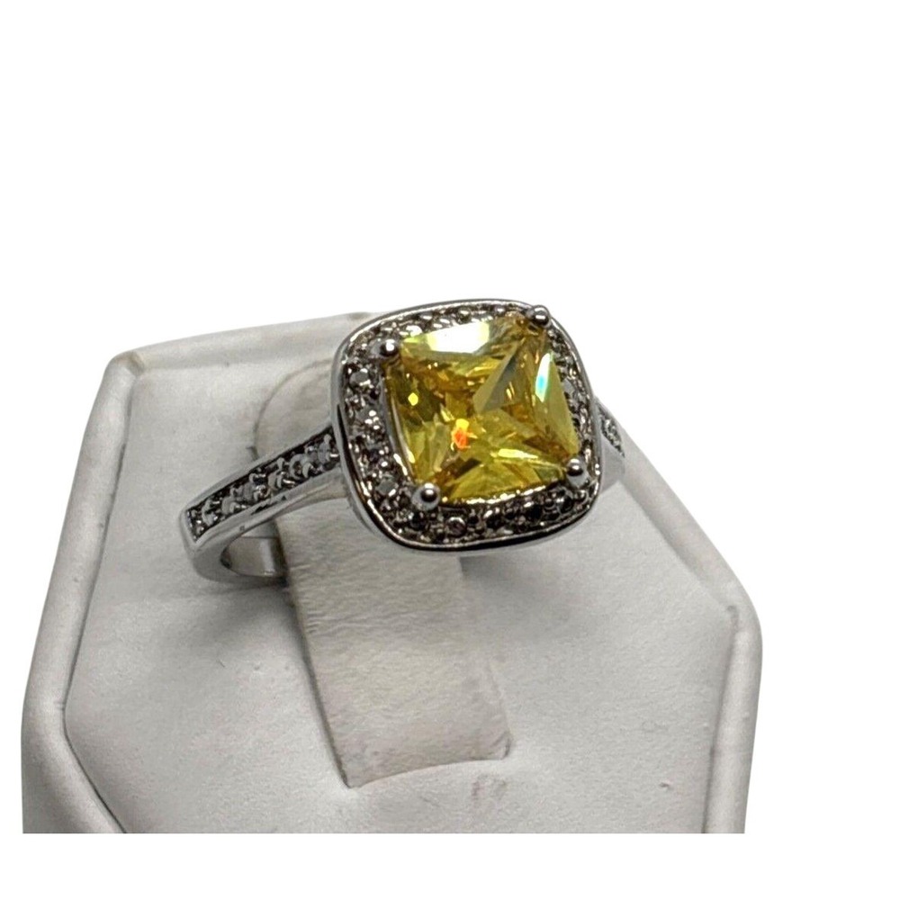 Vintage Yellow Cubic Zirconia Halo Ring Silver Tone Size 8.75 Engagement Style